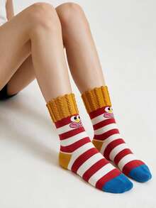 1 par de calcetines de mujer con bloques de color y diseño de dibujos animados lindos, uso diario fresco - Multicolor - Ver 4