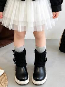 1 Pair Children's Gentle Style Patchwork Ankle Boots With 3D Bow And Shiny Decor, Suitable For Birthday Party, Suitable For Outing Outfit, Suitable For Autumn/Winter - Black - View 2