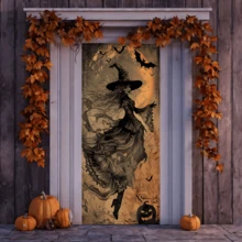 Halloween Ghost Door Curtain - Witch, Full Moon, Bat And Pumpkin Pattern _ Durable Polyester Fiber Outdoor_Indoor Decoration - A - View 3