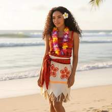 Disfraz Tipo Moanna Flores Vestido + Peluca Cosplay Princesa Mar - Naranja - Ver 2