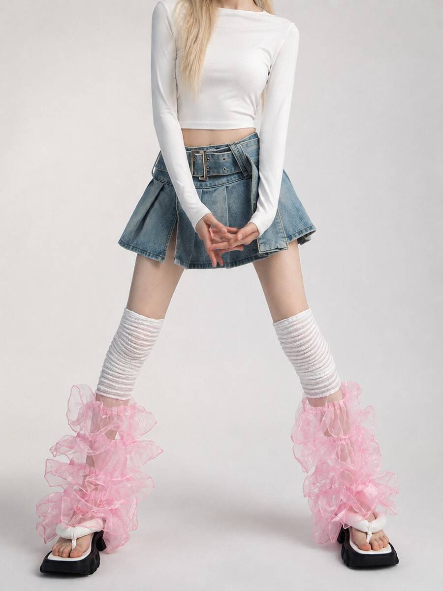 Bọc chân giữ ấm lưới bèo nhún Sweet Cool Cake cho nữ, tất bọc quá gối mỏng phong cách Lolita mùa hè, phụ kiện phối lớp Y2K tôn dáng đa năng cho hot girl