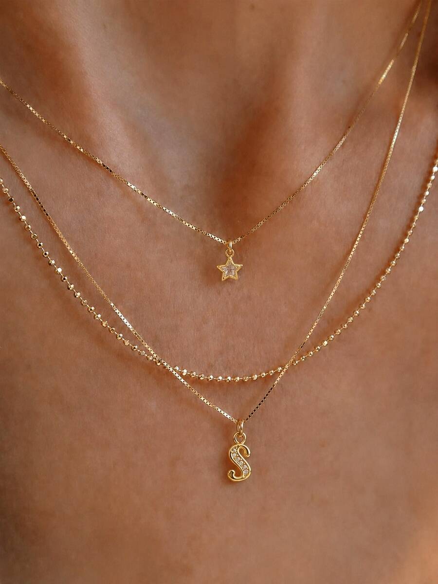 3pcs Set Exquisite Gold Layered Letter Necklace Set, Personalized Letter And Rhinestone Star Pendant, Beaded Chain, Layerable Y2K Style Jewelry Gift For Women And Girls - Yellow - View 1