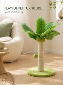 Sisal Cat Scratching Post For Indoor Cats, Cute Coconut Tree-Shaped Vertical Cat Scratcher With Hanging Plush Ball Toy & Stable Round Base, Interactive Cat Toy For Claw Care, Exercise And Furniture Protection, 1PC - Green - View 6