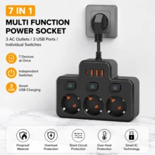 European Standard Wall Mount Power Socket With 3 AC Ports, 3 USB Ports And 1 Type C Interface, 2500W, Individual Switch Control, Black/White, Short Cable Flexible Design, Anti-Bending, Suitable For Various Complex And Narrow Environments, Single Large Spacing To Prevent Tangling - EU E Type Plug(220-240V) - View 7
