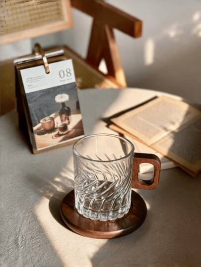 200ml Aesthetic Embossed Twill Glass Mug, Detachable Solid Wood Square Handle Clear Drinking Cup For Home Office