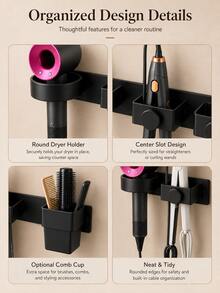 Multifunctional Bathroom Hair Dryer Holder, Suitable For Hair Dryer, Curling Iron, Straightener, Comb Rack, Bathroom Accessories And Hair Styling Storage Tools. Bathroom Wall-Mounted Adhesive Hair Dryer Rack With Storage Shelf. - Multicolor - View 6
