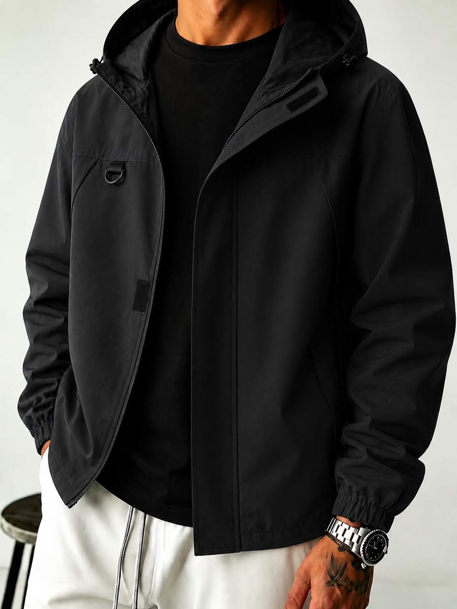 Plus Size Men's Casual Hooded Jacket, Zipper Design With Pockets, Suitable For Men's Daily Casual And Holiday Wear, Spring/Autumn - Black - View 1