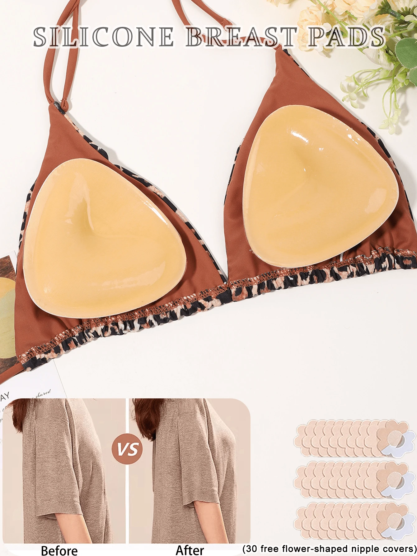 1 Pair Curved Triangle Silicone Breast Pads (Includes 30 Pieces), Natural Fullness, Bra And Swimsuit Replacement Pads - Multicolor - View 1