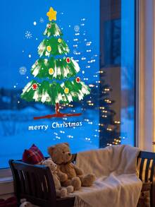 39pcs/1sheet Christmas Tree Glass Stickers,Christmas Tree Window Sticker,Painted Style Christmas Tree Pattern,Winter Window Decal,For New Year Window Decoration, Holiday Displays Wall Sticker, Room Decor, Bedroom Decor, Kitchen Decor, Home Decor - Green - View 3
