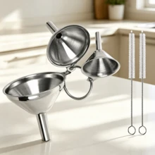 3‑Piece Stainless‑Steel Kitchen Funnel Set With Handle And 2 Cleaning Brushes, Stackable Design, Suitable For Transferring Liquids, Cooking Oils And Powders, Sizes 4 Cm, 5.5 Cm, 6.5 Cm - View 1