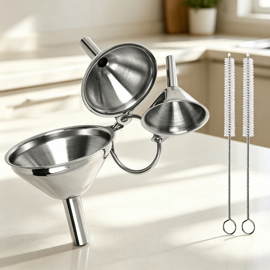 3‑Piece Stainless‑Steel Kitchen Funnel Set With Handle And 2 Cleaning Brushes, Stackable Design, Suitable For Transferring Liquids, Cooking Oils And Powders, Sizes 4 Cm, 5.5 Cm, 6.5 Cm - View 1