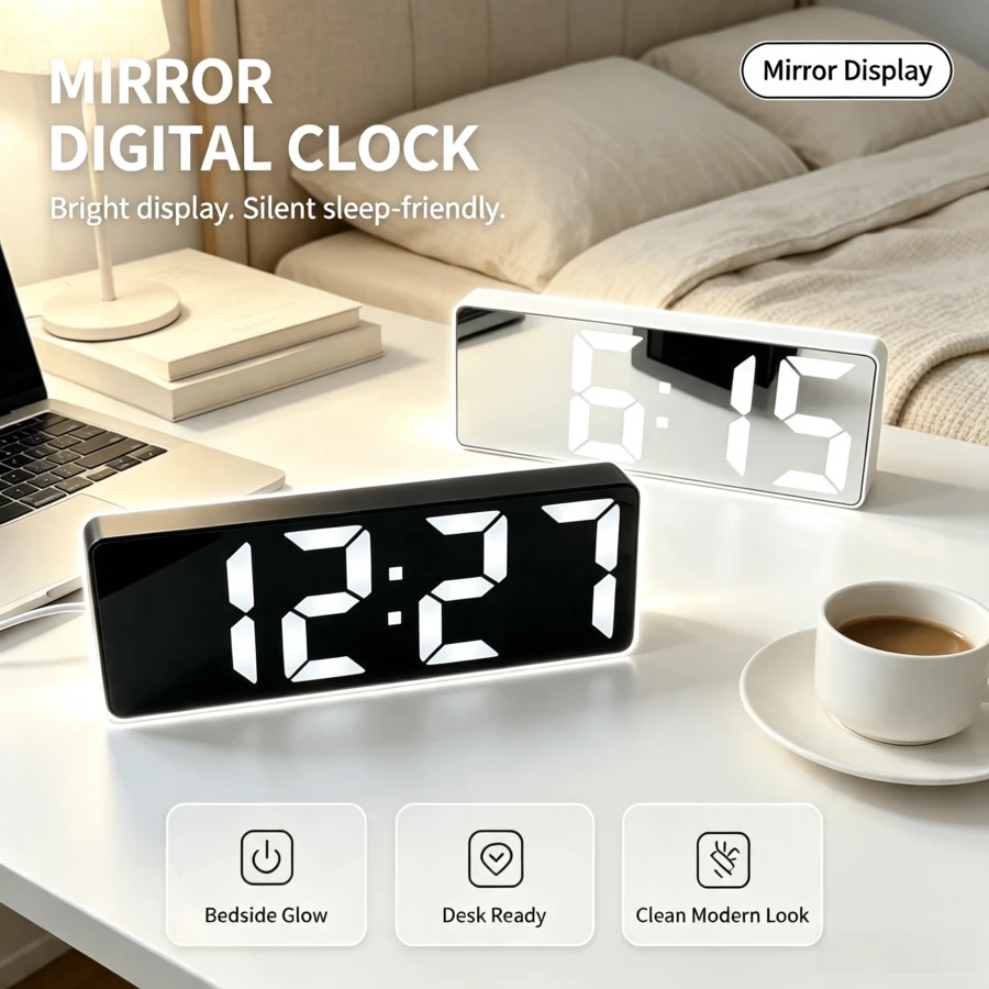 RAF LED Mirror Digital Alarm Clock, Large Screen Display, Silent No-Chime Bedside Clock With Night Light, USB Powered, Suitable For Bedroom, Office, Dorm Decor Desktop Clock