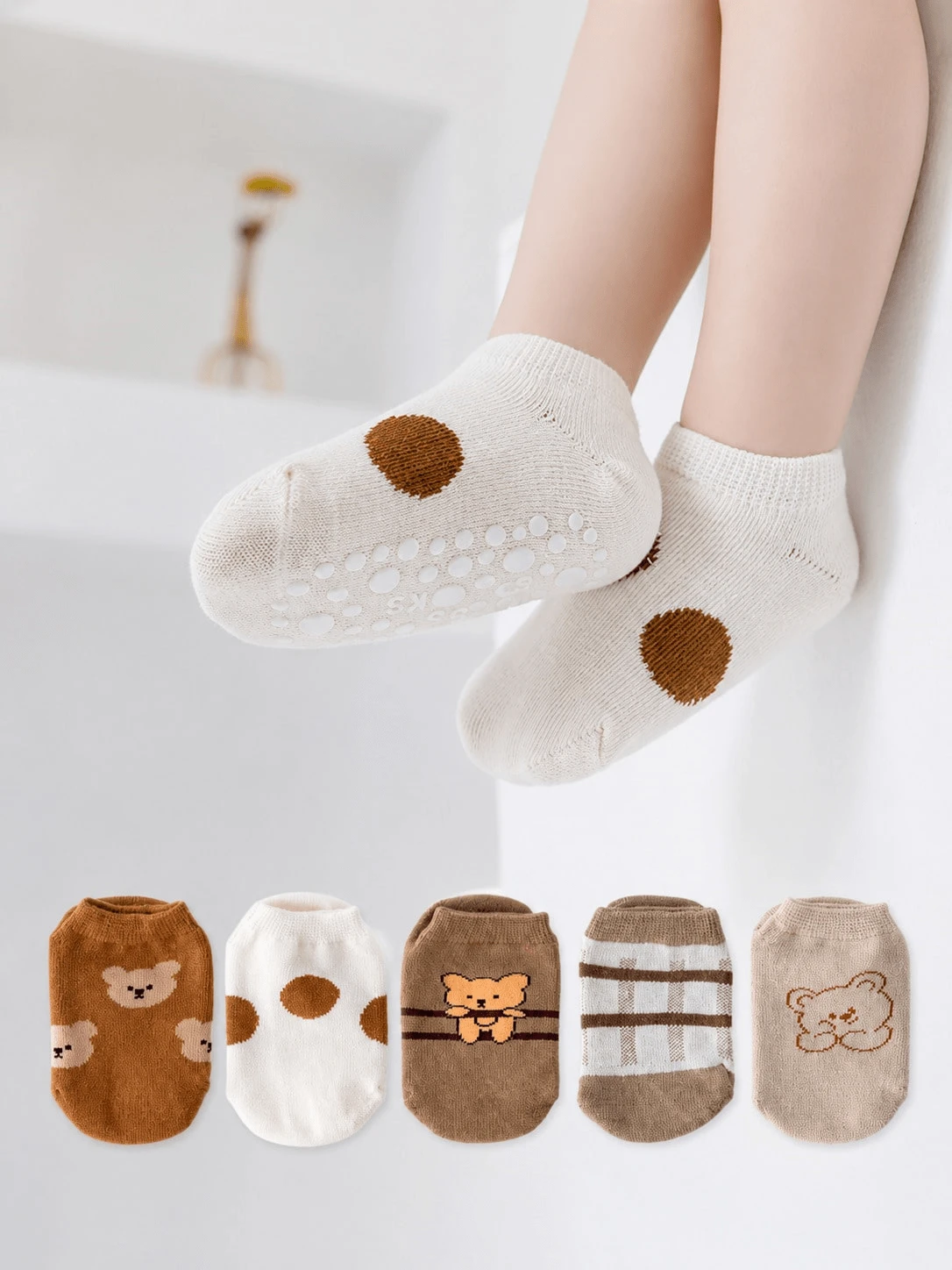 5/1 Pair Cute Bear Print Non‑Slip Baby Ankle Socks, Soft Knit Socks For ...