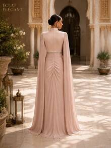 Women's Blush Pink High Neck Rhinestone-Trim Ruched Pleated Cape Sleeve Maxi Evening Gown, Elegant Modest Formal Dress For Wedding Guest - Dusty Pink - View 5