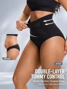 FLARIXA Women's High Waist Double Layer Tummy Control Shaping Panties, Halloween Costume Matching, Seamless Shaping Underwear - Black - View 2