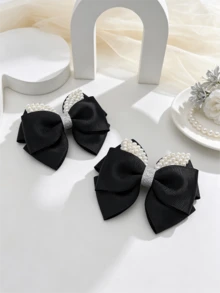 Korean Style Ear Bow Hair Clips, 2pcs/Set, Silver Glitter Fabric Pearl Decor, Side Fringe Clips For Girls And Students - Black - View 3