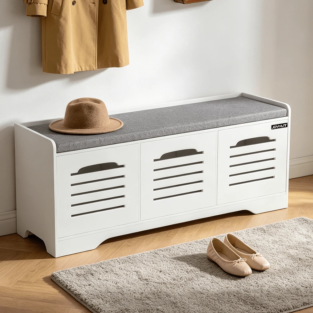 Shoe Bench Shoes Storage Cabinet With Slatted Doors And Padded Cushion For Hallway & Foyer - Grey (3-door) - View 1
