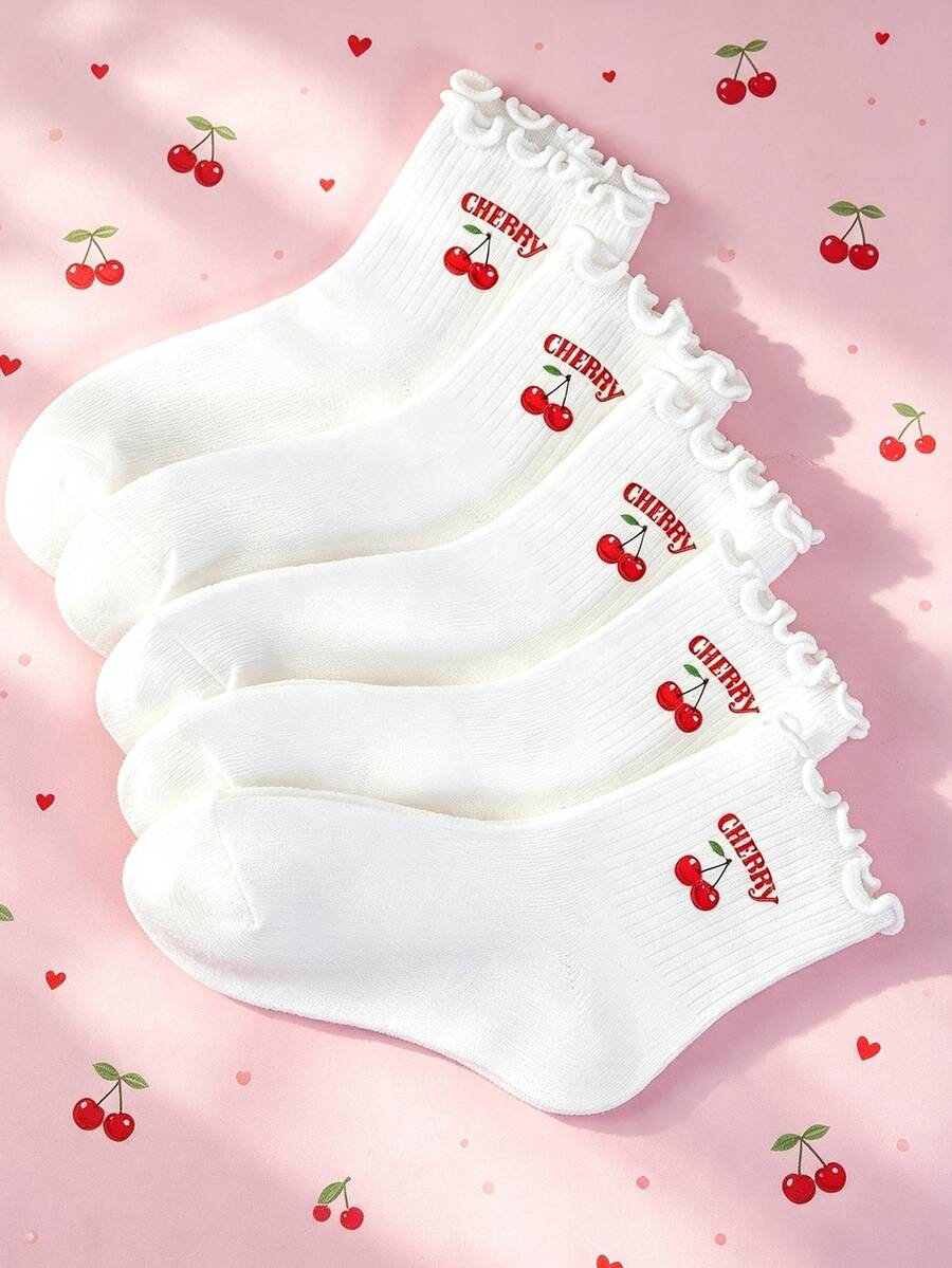 1/5/10 Pairs Girls' Ruffle Cherry Letter Mid-Calf Socks, Breathable White Sweet Student Style, Versatile Everyday Kids Socks - Multicolor - View 1