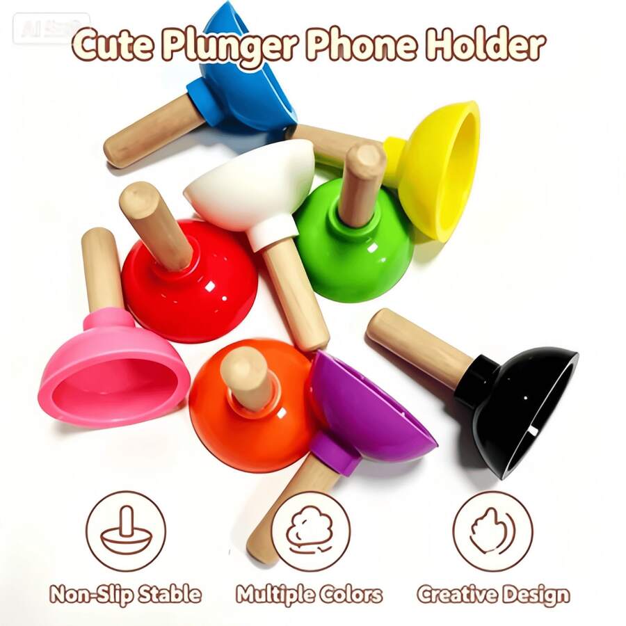 10pcs Novelty Mini Toilet Plunger Shaped Phone Stand, Portable Suction Cup Phone Holder With Wood Handle, Cute Funny Desktop Smartphone Bracket, Multi Color Desk Accessory - Multi-color - View 1