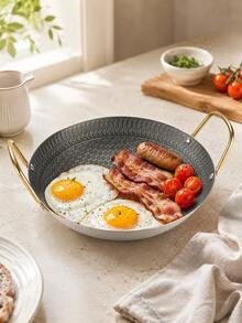 1pc Dual Handle Textured Frying Pan, Black & Silver Shallow Bottom Cooking Skillet, Gold Handle, Multi-Functional Cookware, Suitable For Steak, Seafood, Breakfast, Stir-Fry, Camping, Kitchen, Dinner Party And Table Serving, Daily Home Cooking - View 6