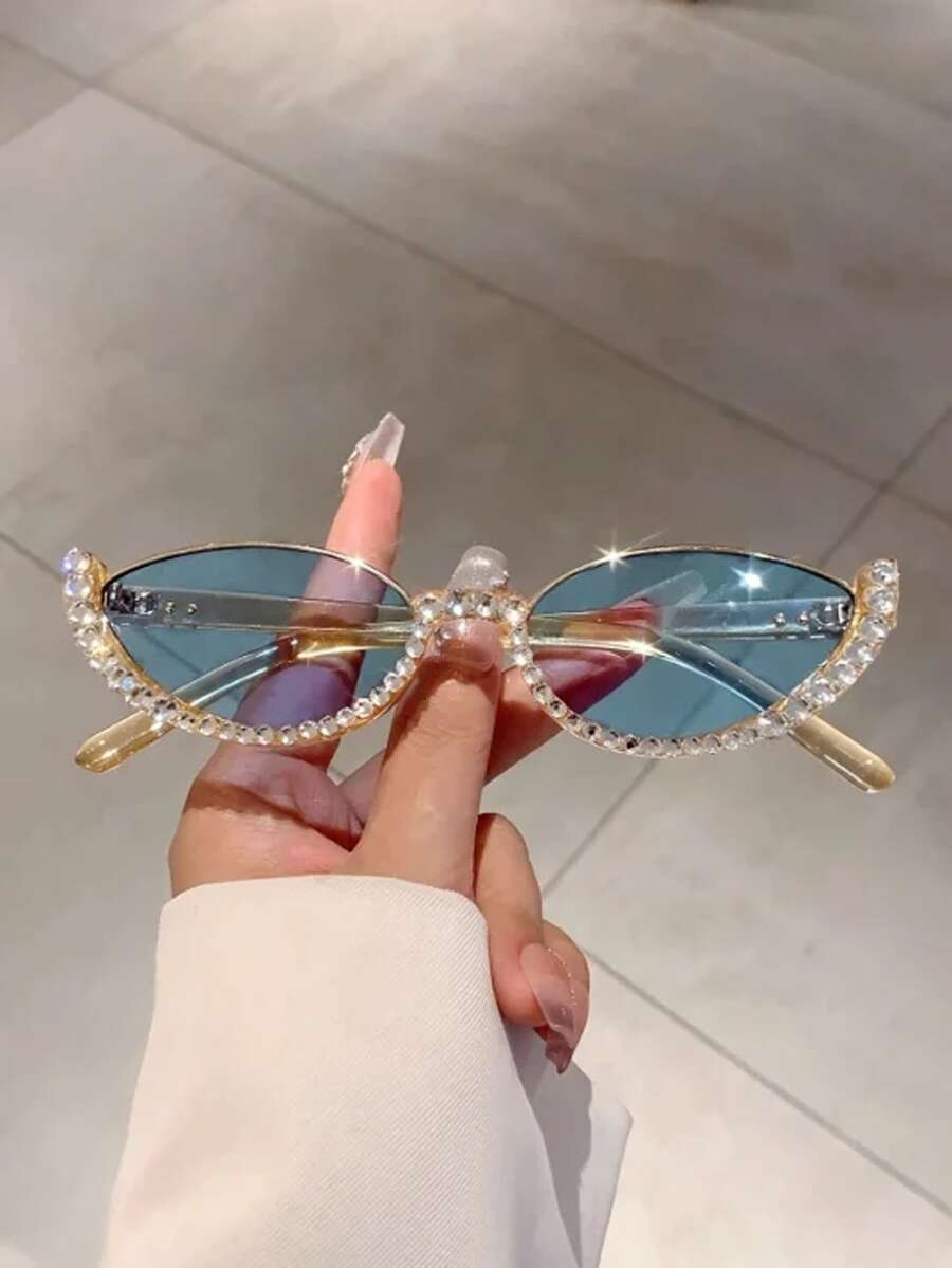 1件女款貓眼簡約時尚裝飾眼鏡,鑲鑽裝飾小框眼鏡 - c6 透黃框藍片,水鑽 - 查看 1