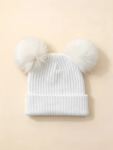 1pc Kids Ribbed Dual Pom-Pom Solid Color Ribbed Knit Beanie Warm Hat For Winter Outdoor - 1PC - View 13