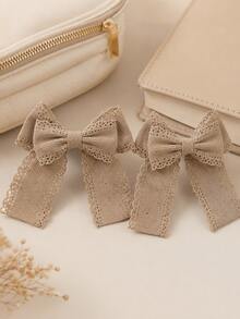 2pcs Coffee Floral Embroidery Lace Ribbon Bow Hair Clips For Girls, Cute Barrettes, Alligator Clips, Daily Party Hair Accessories - Multicolor - View 5