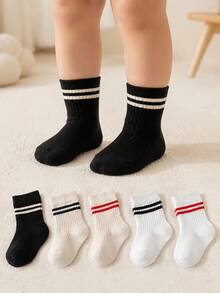 5/1 Pair Double Striped Ribbed Baby Mid-Calf Socks, Knit Socks For Toddler Boys & Girls, For Daily Wear, Outfit Matching And Baby Photoshoots - Multicolor - View 1