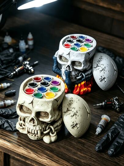 Gothic Skull Paint Brush Holder & Pigment Organizer, Vintage Distressed Skull-Shaped Storage Rack With Lid, Suitable For Tattoo Ink, Acrylic, Watercolor & Oil Paint Bottles, Dark Academia Style Desktop Art Supplies Organizer, Halloween Gothic Decor Display Stand For Painters