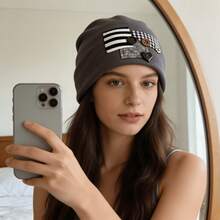 1pc Women's Vintage Patchwork Plaid & Striped Applique Loose Knit Hat, Button Decor, Soft Elastic Loose Fit Headscarf, Rock/Street/Fashion/Casual Hat - Multicolor - View 6