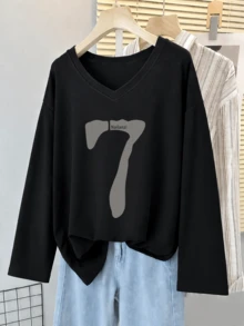 Plus Size Women V‑Neck Long Sleeve T‑Shirt, Abstract Number 7 Graphic Print Loose Fit Soft Casual Basic Pullover Tee For Curvy Ladies Daily Wear - Black - View 11
