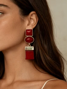 ZAA Geometric Color Block Resin Dangle Earrings, Mid-Century Retro Multi Stone Statement Drop Earrings For Fall Daily Party - Gold - View 2