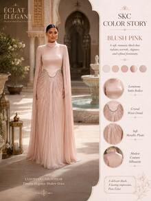 Women's Blush Pink High Neck Rhinestone-Trim Ruched Pleated Cape Sleeve Maxi Evening Gown, Elegant Modest Formal Dress For Wedding Guest - Dusty Pink - View 9