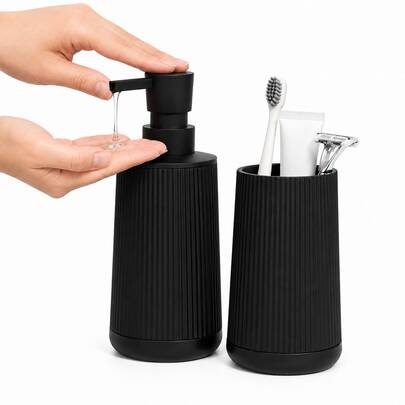 2pcs Bathroom Accessories Set, Refillable Soap Dispenser, Vertical Stripe Design, Suitable For Bathroom Countertop, Black Bathroom Soap Dispenser And Toothbrush Holder Set, With Non-Slip Base