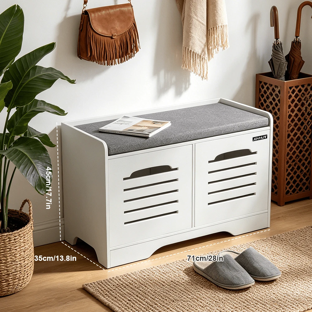 Shoe Bench Shoes Storage Cabinet With Slatted Doors And Padded Cushion For Hallway & Foyer - Grey (2-door) - View 1