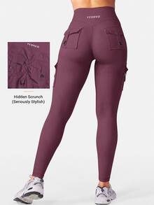 YEOREO Leggings With Pockets For Women Scrunch Workout Leggings Tummy Control Butt Lifting Gym Yoga Leggings Yoga Pants For Women Black Pants Winter Leggings - 黑櫻桃 - 查看 4