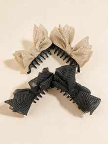 Vintage Polka Dot Fabric Bow Banana Hair Claw, Ruffled Chiffon Bow Non-Slip Secure Hair Clip, Elegant Retro Decorative Hair Accessory, Suitable For Ponytail, Bun Hairstyles, Daily, Date, Party, Back To School - Multicolor - View 4