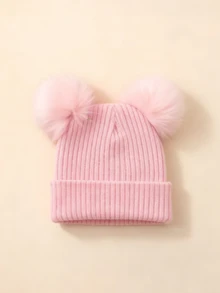1pc Kids Ribbed Dual Pom-Pom Solid Color Ribbed Knit Beanie Warm Hat For Winter Outdoor - 1PC - View 8