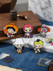 6pcs Anime "One Piece" Metal Enamel Brooches, Luffy & Zoro Version Cartoon Character Lapel Pins, Straw Hat Pirates Backpack & Jacket Decoration Collectibles - Multicolor - View 3