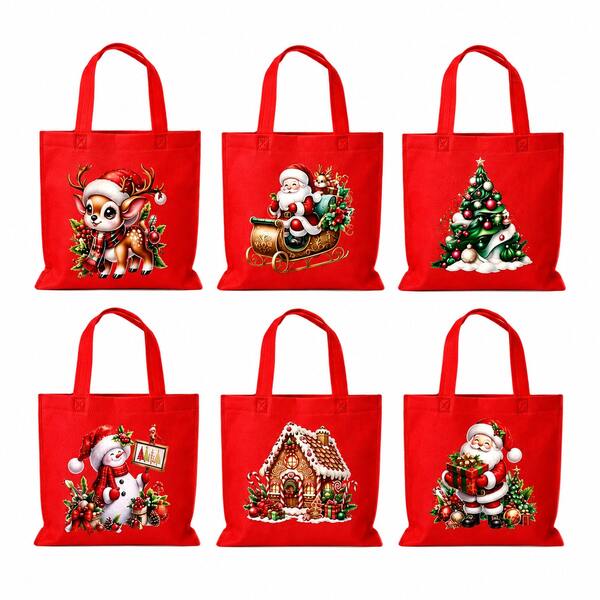 24pcs Christmas Theme Red Non-Woven Fabric Tote Bags, Size 20*20cm. A Set Includes 6 Different Cartoon Styles With Classic Christmas Prints Of Santa Claus, Reindeer, And Snowman, Creating A Festive Atmosphere. Non-Woven Fabric Material Is Durable And Sturdy, With A Convenient Handle Design For Easy Carrying. Suitable For Holiday Gift Packaging, Gift Storage, Home Celebrations, Christmas Parties, Store Events And Other Festive Occasions, Perfect For Both Gifting And Decoration.