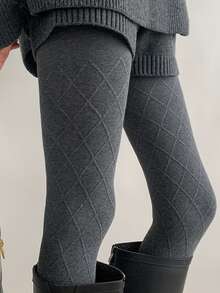 Women's Autumn/Winter Diamond Pattern Knitted Tights, Soft Breathable High Elasticity Knitted Stockings, Fitted Elastic Waist Geometric Pattern Hosiery, Comfortable Textured Tights, Suitable For Daily Commute, Casual Wear In Cold Weather - Multicolor - View 2