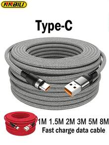 NNBILI 6A 快充编织 USB Type-C 数据线，兼容三星、Switch、相机等设备，Type-C 接口，长度可选 1/1.5/2/3/5/8 米（请注意，线缆越长，充电速度越慢。如需快充，请仅选择 1-2 米的线缆长度，支持数据传输功能）。 - A-C - 查看 2