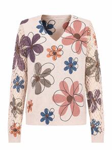 Elegant Floral Print V-Neck Long Sleeve Sweater, Versatile For Spring, Summer, Autumn, Winter, Bohemian Style, Travel Vacation Fall - Multicolor - View 7