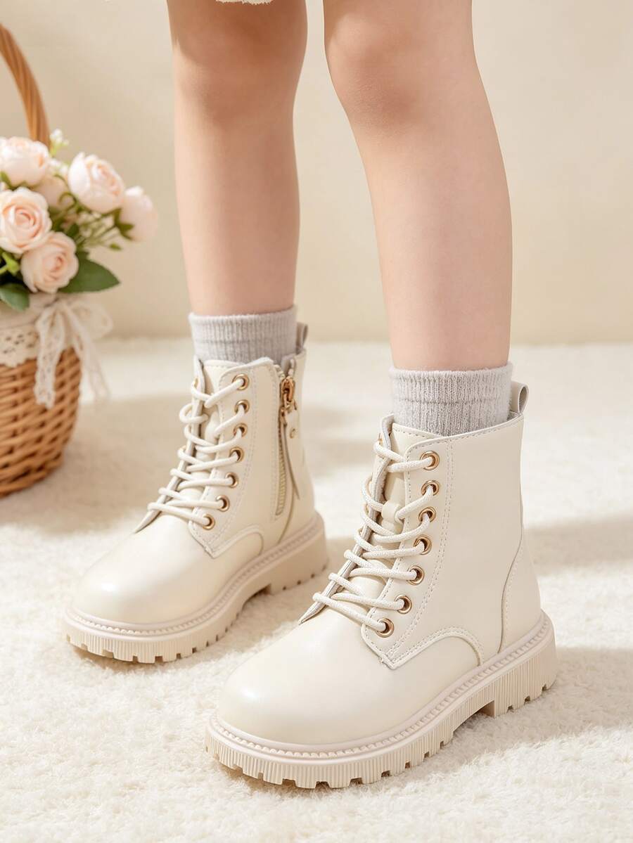 1 đôi bốt ngắn trẻ em cổ điển có khóa kéo bên hông và dây buộc, thời trang, phù hợp cho đi chơi thường ngày, phong cách dã ngoại nhẹ nhàng, hợp mùa Thu/Đông - Màu be - Xem 1