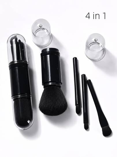 Juego de brochas de maquillaje portátil 4 en 1 - Brocha de base profesional retráctil mini, brocha de difuminado, brocha de polvo y brocha de sombras de ojos - Cerdas de nailon, mango de ABS, juego de brochas de maquillaje, juego de brochas de maquillaje, juego de brochas de maquillaje, kit completo de herramientas de maquillaje
