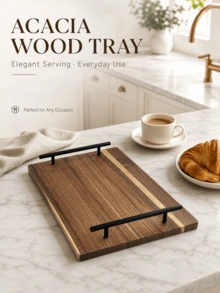 Platter, Wooden Plate, Wooden Tray, Breakfast Tray, Serving Tray, Handheld Wooden Plate, Rectangular Wooden Tray, Rectangular Tray With Handles, Suitable For Desserts, Fruits, Snacks, Appetizers And Breakfast And Dining Use, Perfect For Home Decor And Kitchen Use, Suitable For Christmas, Halloween And Other Holiday Gatherings - View 6
