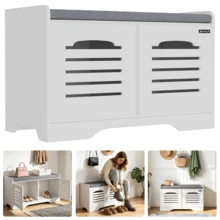 Shoe Bench Shoes Storage Cabinet With Slatted Doors And Padded Cushion For Hallway & Foyer - Grey (2-door) - View 7