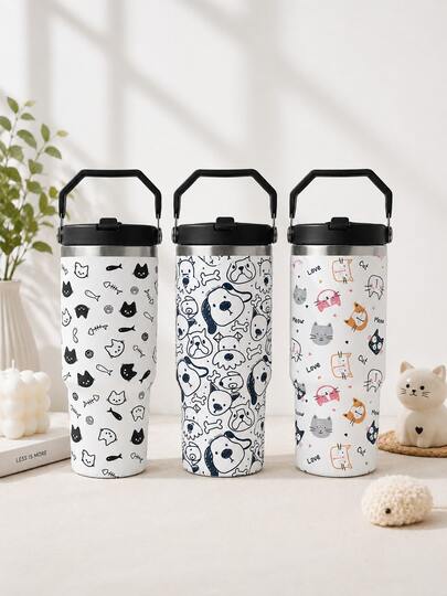 SCALON 30oz/800ML 1 szt. ręcznie malowany kubek termiczny z motywem zwierzęcym w stylu kreskówkowym, kremowa paleta kolorów, duża pojemność, długotrwałe utrzymanie zimna i ciepła, przenośny uchwyt, idealny prezent dla dziewczyny / najlepszej przyjaciółki / studentki, wysoka estetyka, przemyślany prezent na urodziny i święta, termos próżniowy i butelka izolowana, kubek izolowany, kubek na zimne napoje i kubek, kubek imprezowy, inne naczynia imprezowe, kubek z płaskim dnem, butelka & słoik & pudełko, butelka izolowana na gorące i zimne napoje, kubek z pokrywką i słomką, Halloween