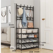 Metal Shoe Rack With Coat & Hat Hooks, 4/5 Tier Multi-Functional Entryway Shoe Storage Organizer, Space-Saving Bedroom Front Door Hallway Shoe Rack, Black And White Available - Multicolor - View 10