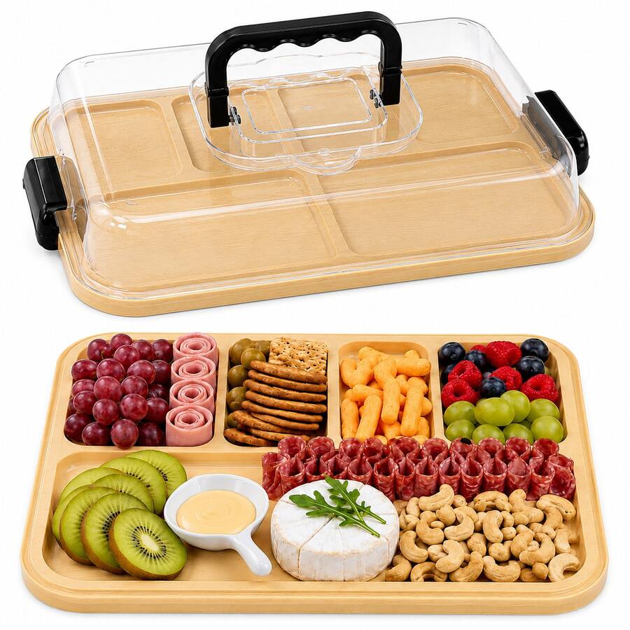 REXMOLI Plastic Handheld Multi-Purpose Serving Tray With Transparent Lid - Upgraded PP Material, Lightweight, Durable And Easy To Clean, 5 Compartment Charcuterie Board - Snack Tray - Portable Meal Tray, Reusable Snack Tray, Suitable For Storing Cheese, Fruit, Crackers, Appetizers, Parties, Picnics, Kitchen And Holiday Gatherings, Christmas Gift Party Carry Tableware - View 1